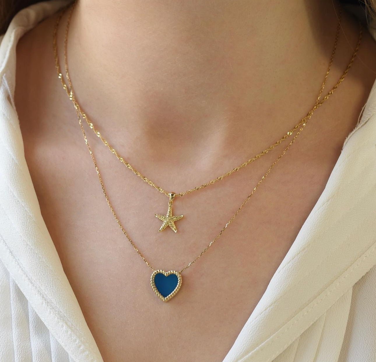 Corda Heart Necklace in Blue Agate - 18k Gold - Lynor