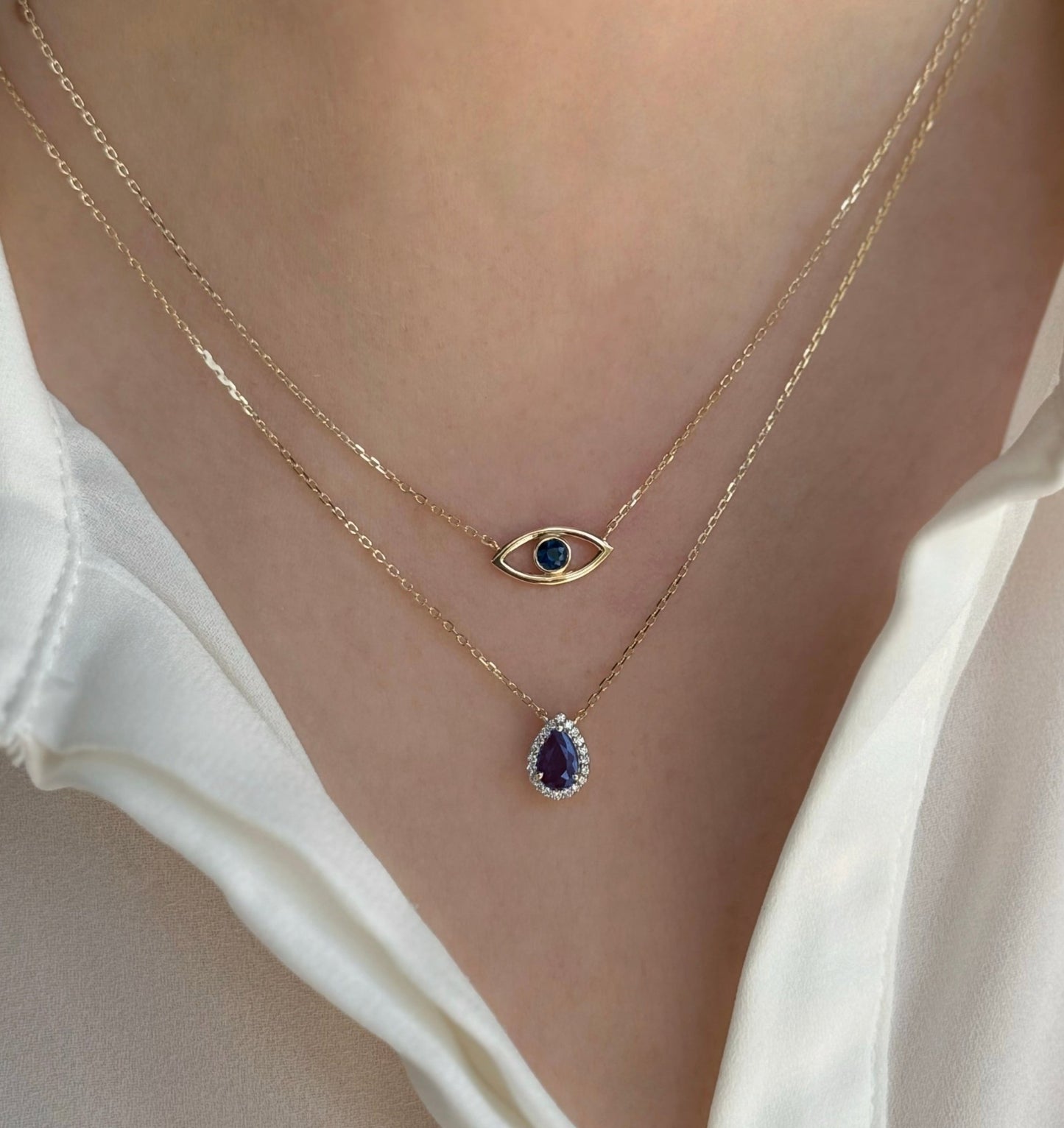 Pear Necklace in Sapphire and Diamond - 18k Gold - Lynor