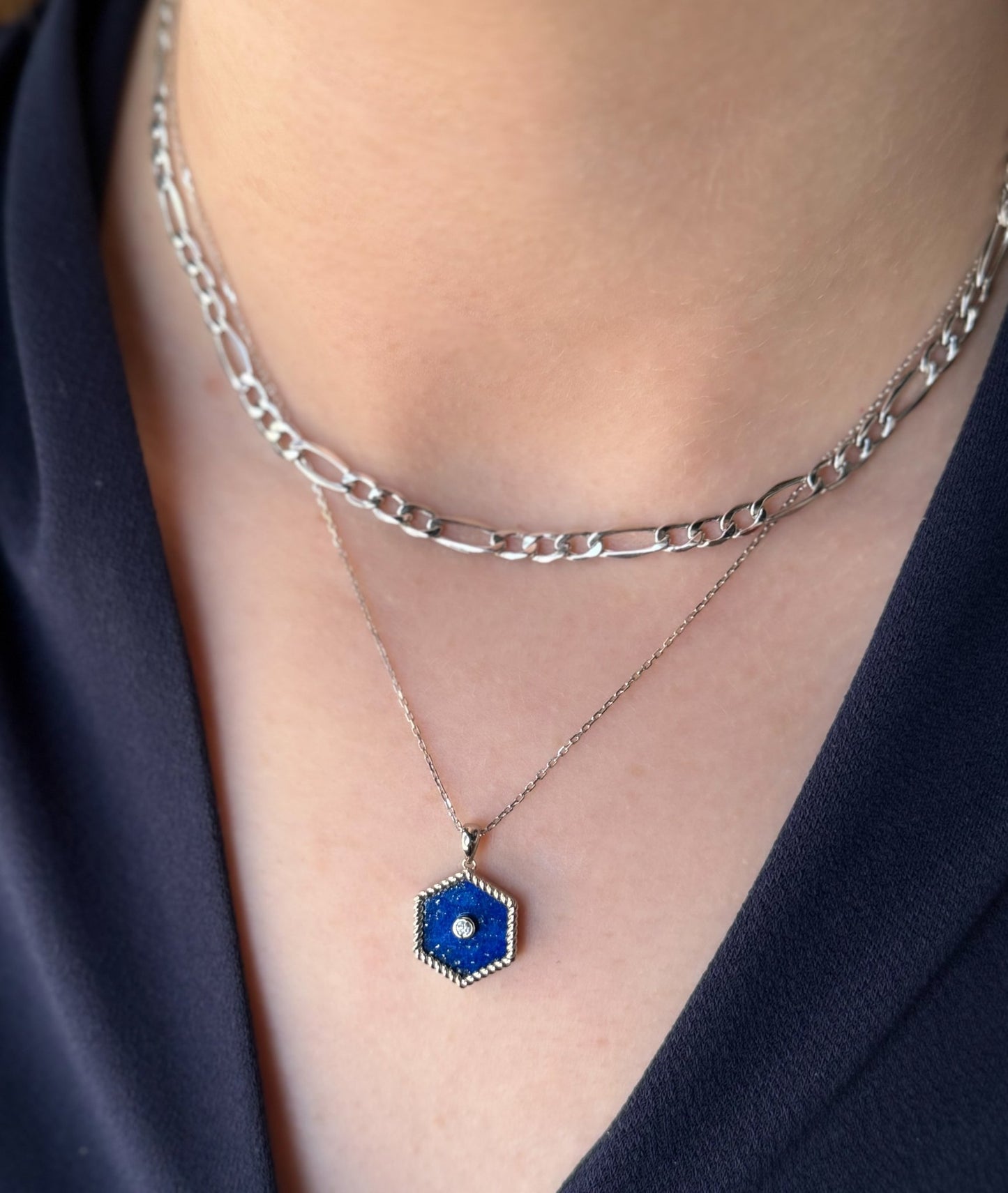 White Gold Hexa Necklace in Diamond and Lapis Lazuli - 18k Gold - Lynor