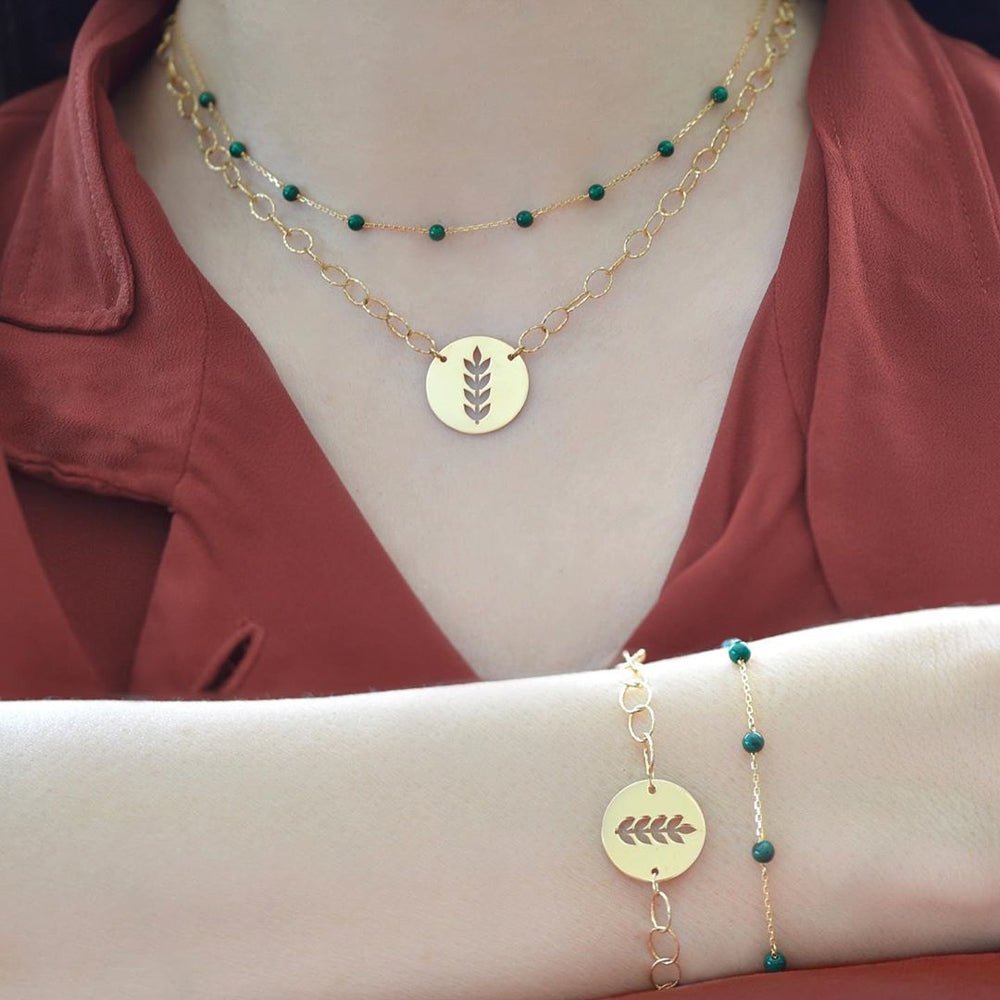 Beaded Bracelet in Green Malachite - 18k Gold - Ly