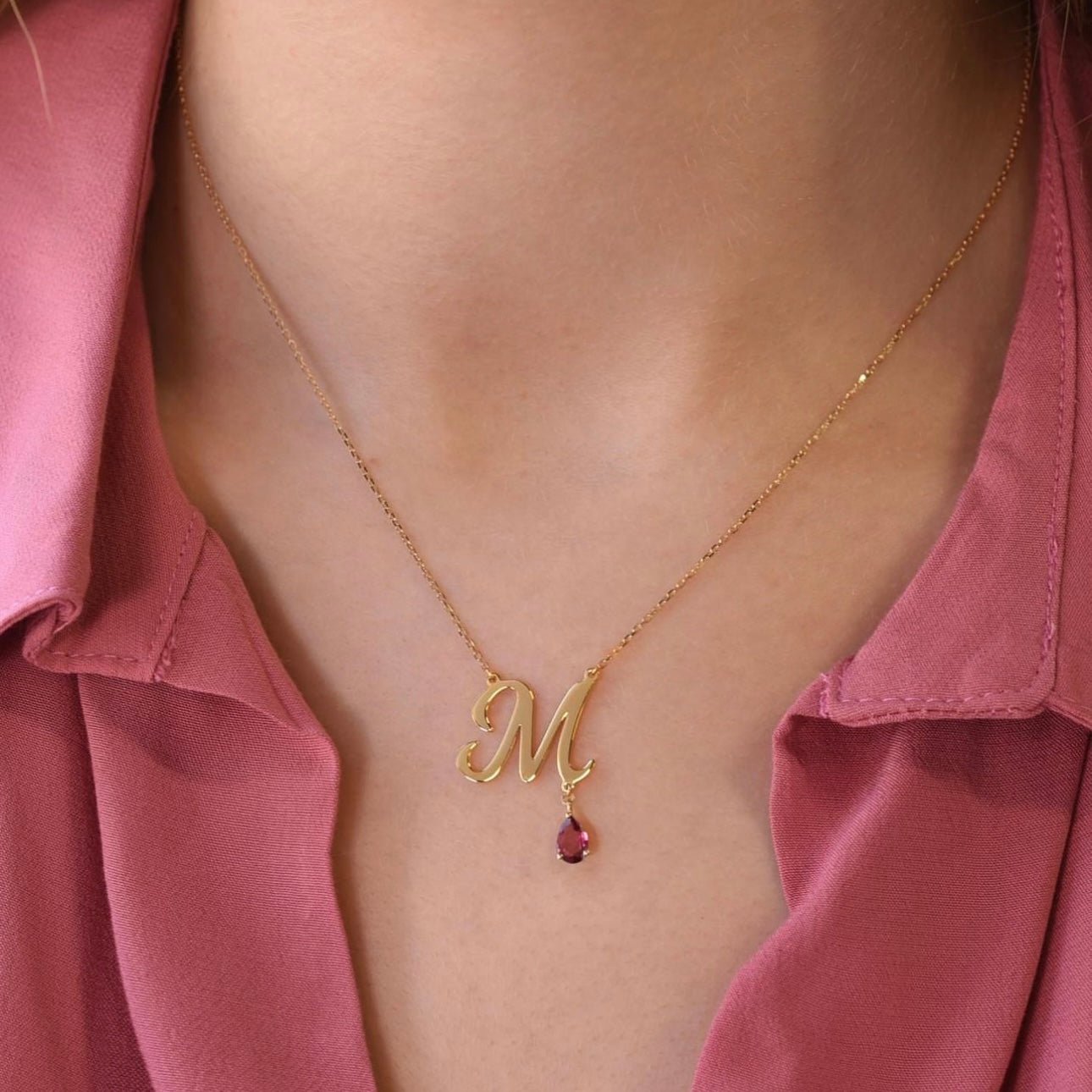 Initial Necklace in Pink Tourmaline - 18k Gold - Lynor