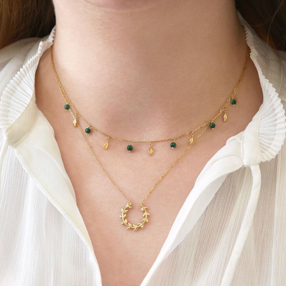 Leaves Necklace in Green Malachite - 18k Gold - Ly