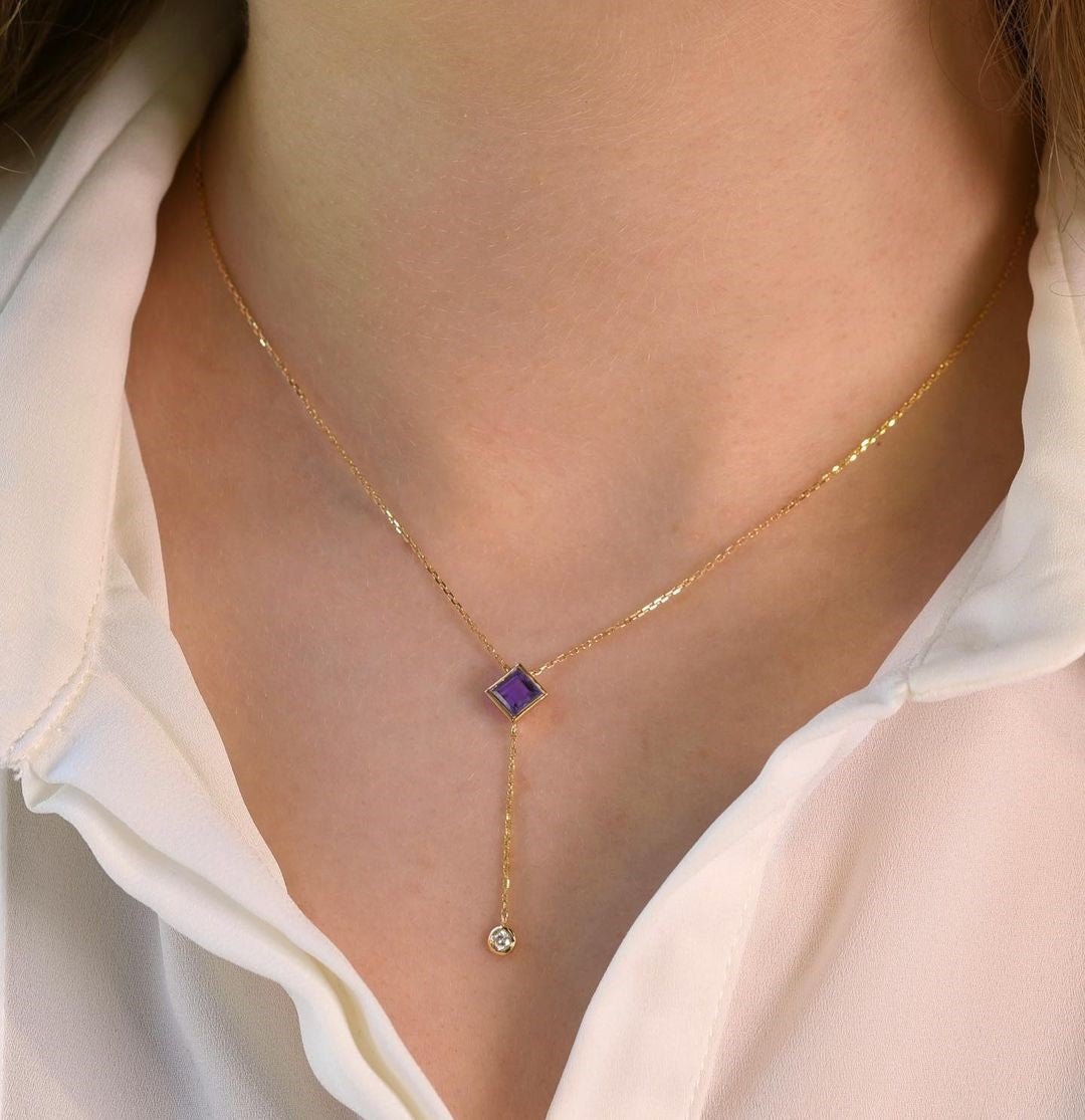 Princess Necklace in Amethyst & Diamond Drop - 18k Gold - Ly