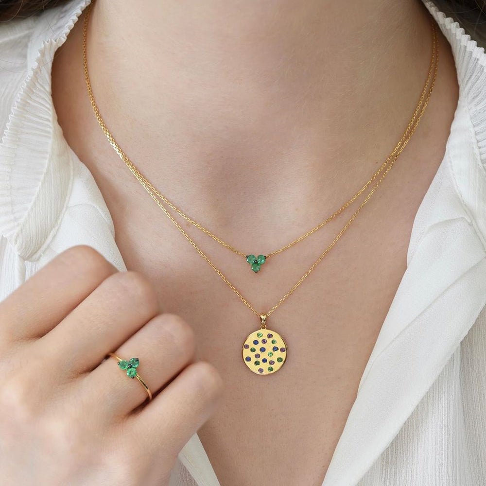 Sira Coin Necklace in Emerald, Amethyst and Sapphire - 18k Gold - Ly