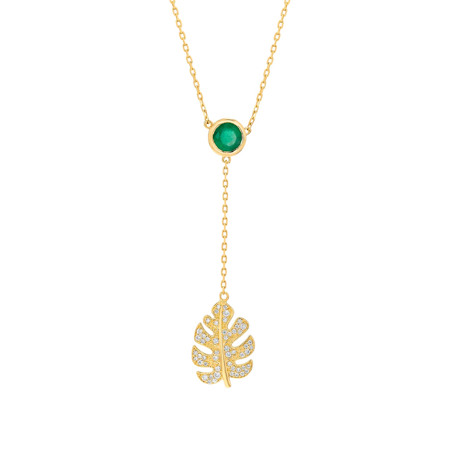 Monstera Lariat Necklace in Diamond and Emerald