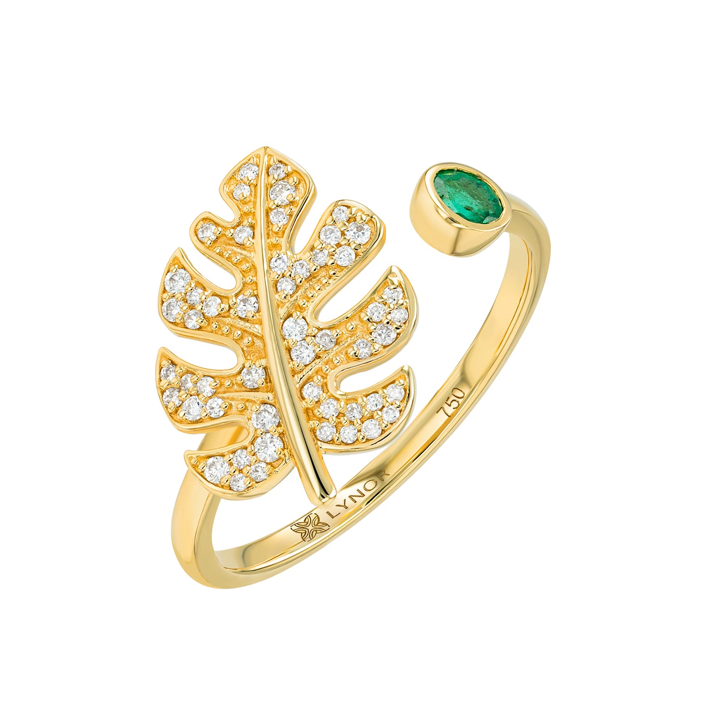 Monstera Open Ring in Diamond and Emerald