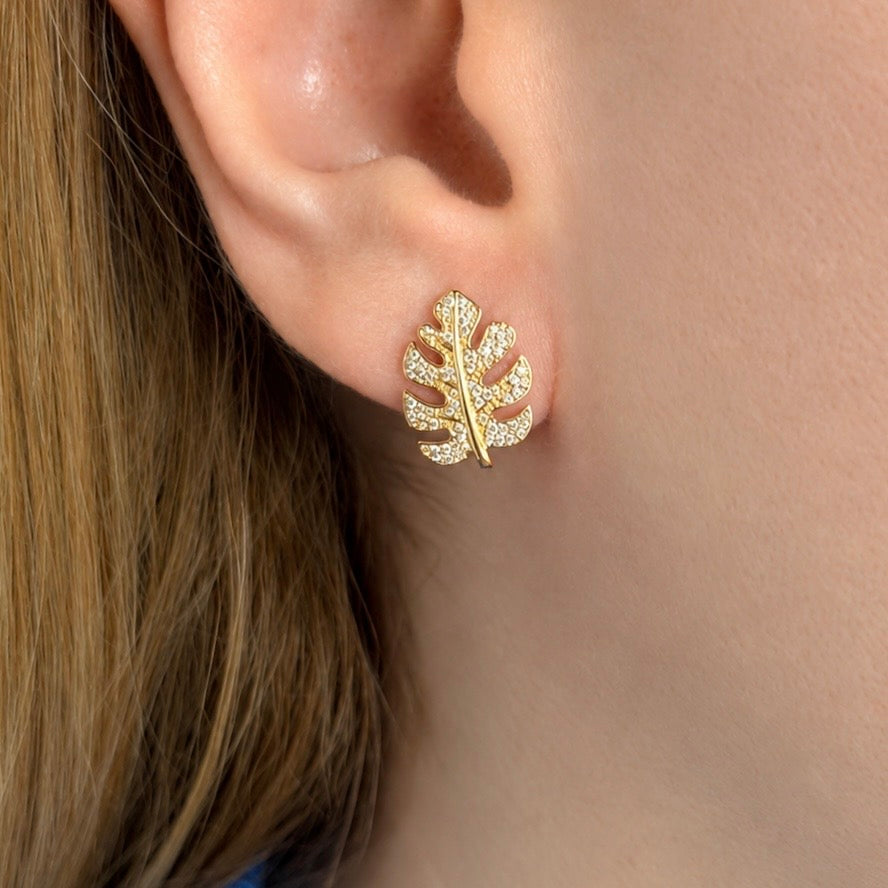 Monstera Stud Earrings in Diamond