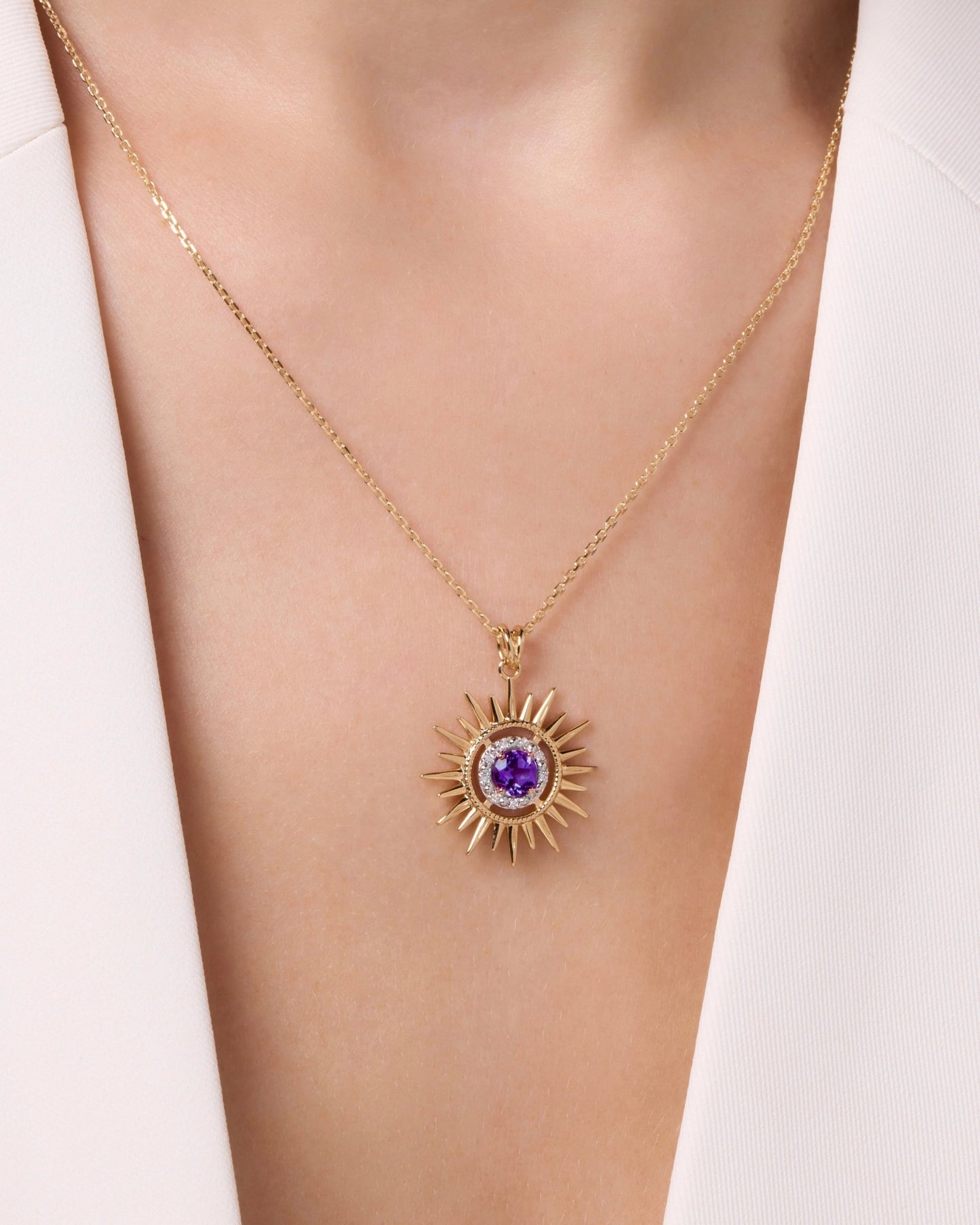 Aurore Sun Necklace in Diamond and Amethyst - 18k Gold - Lynor