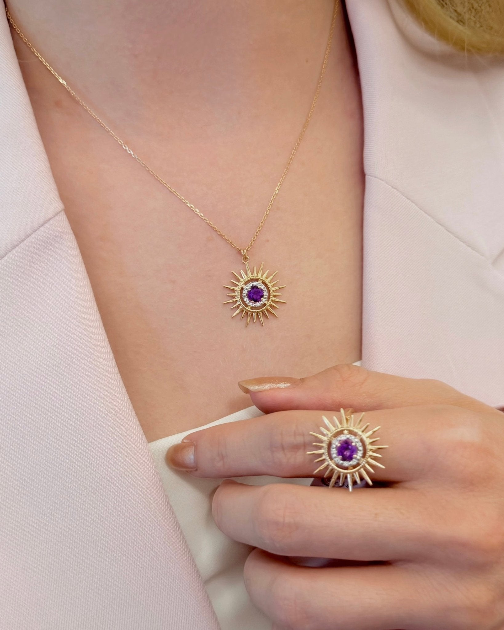 Aurore Sun Necklace in Diamond and Amethyst - 18k Gold - Lynor