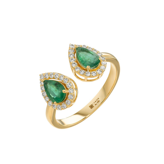Double Pear Ring in Diamond and Emerald - 18k Gold - Lynor