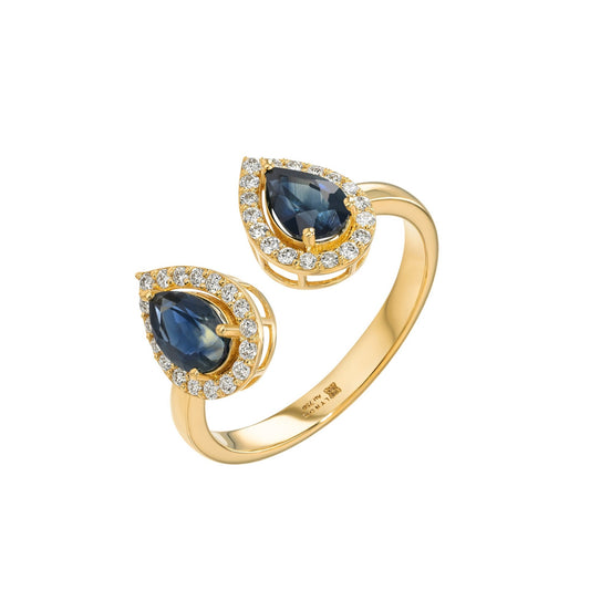 Double Pear Ring in Diamond and Sapphire - 18k Gold - Lynor