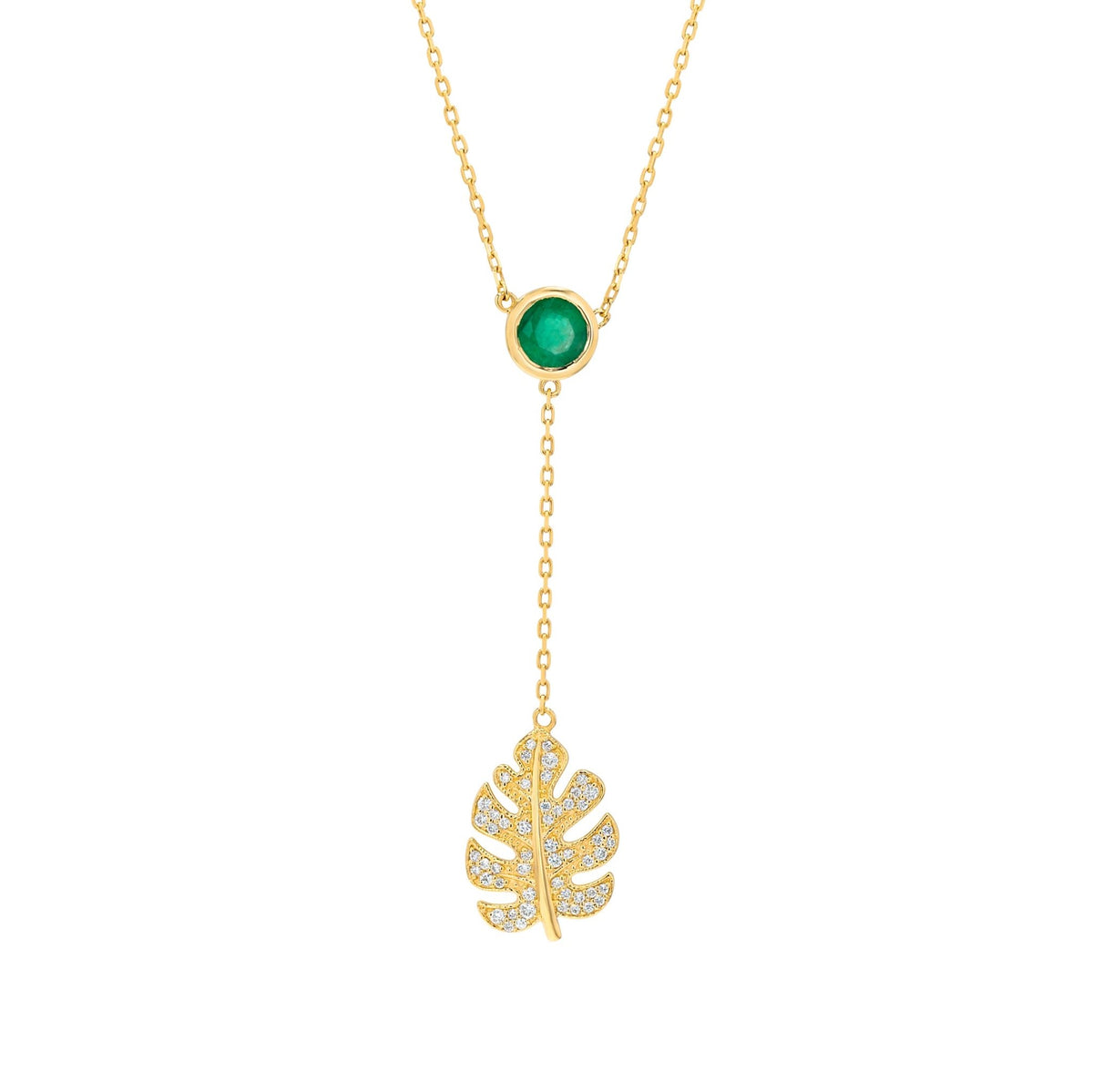 Monstera Lariat Necklace in Diamond and Emerald - 18k Gold - Lynor