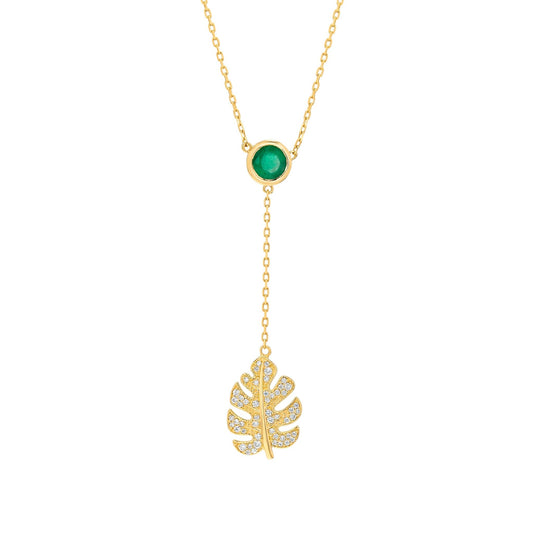 Monstera Lariat Necklace in Diamond and Emerald - 18k Gold - Lynor