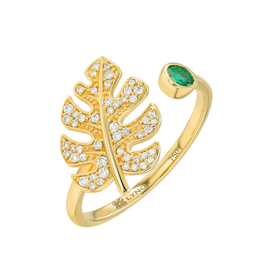 Monstera Open Ring in Diamond and Emerald - 18k Gold - Lynor