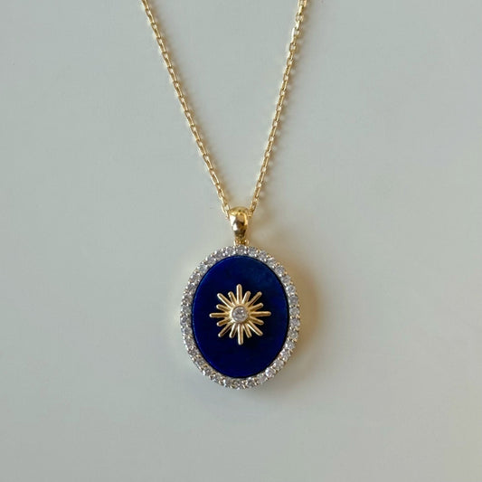 Sun Oval Necklace in Diamond and Lapis Lazuli - 18k Gold - Lynor