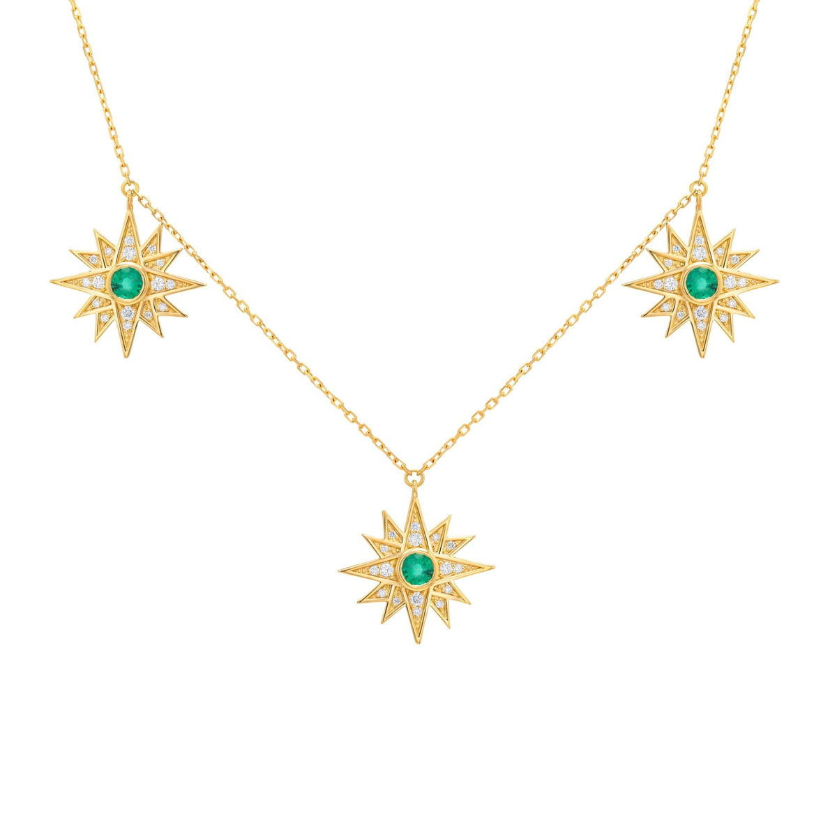 Triple Astra Necklace in Diamond and Emerald - 18k Gold - Lynor