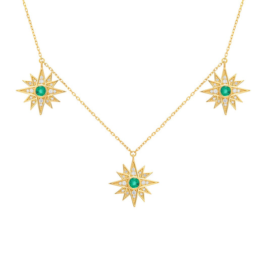 Triple Astra Necklace in Diamond and Emerald - 18k Gold - Lynor