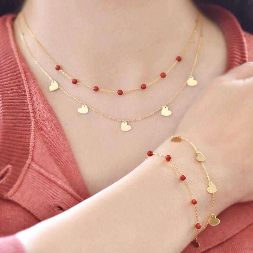 Beaded Necklace in Red Coral - 18k Gold - Ly