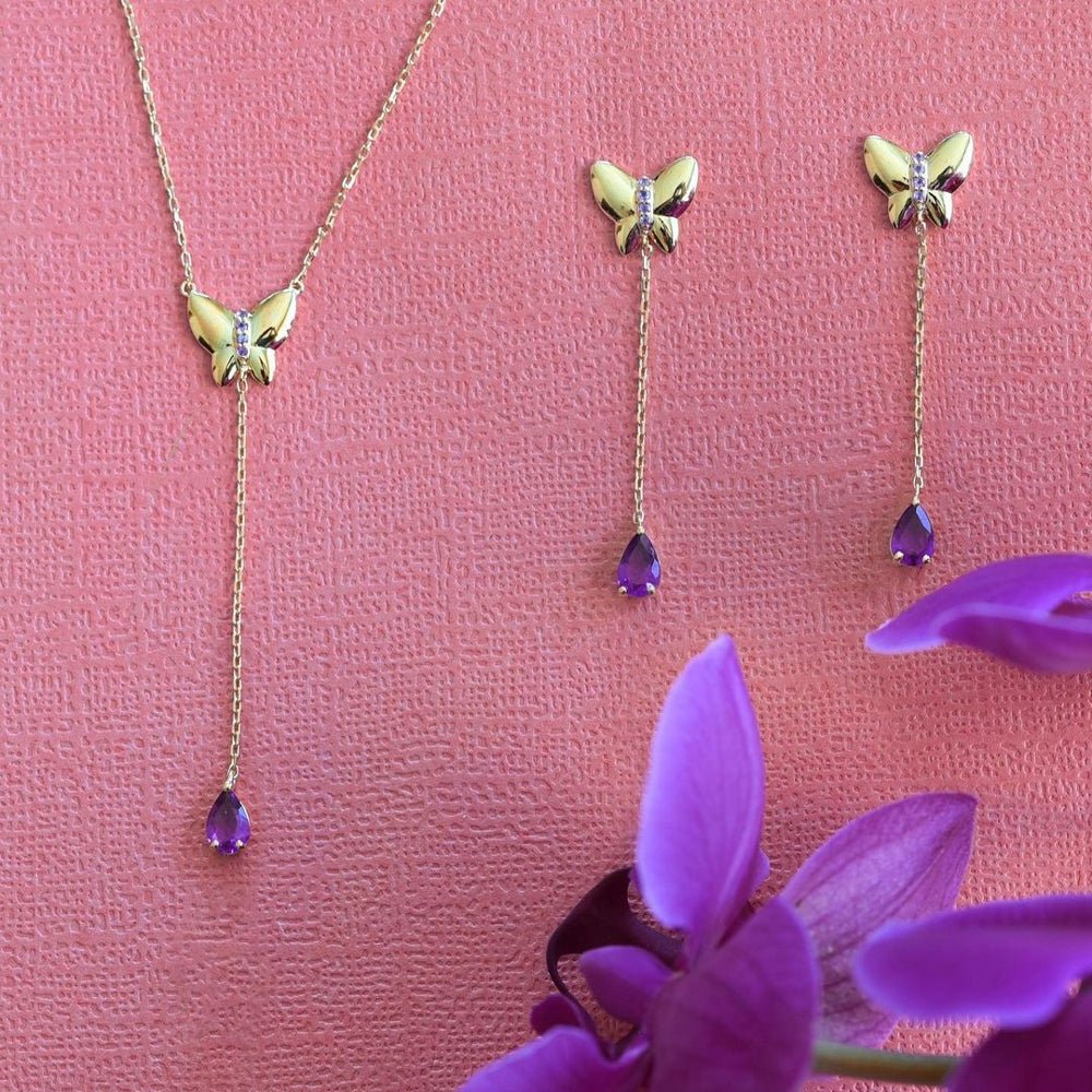 Butterfly Lariat Necklace in Amethyst - 18k Gold - Ly