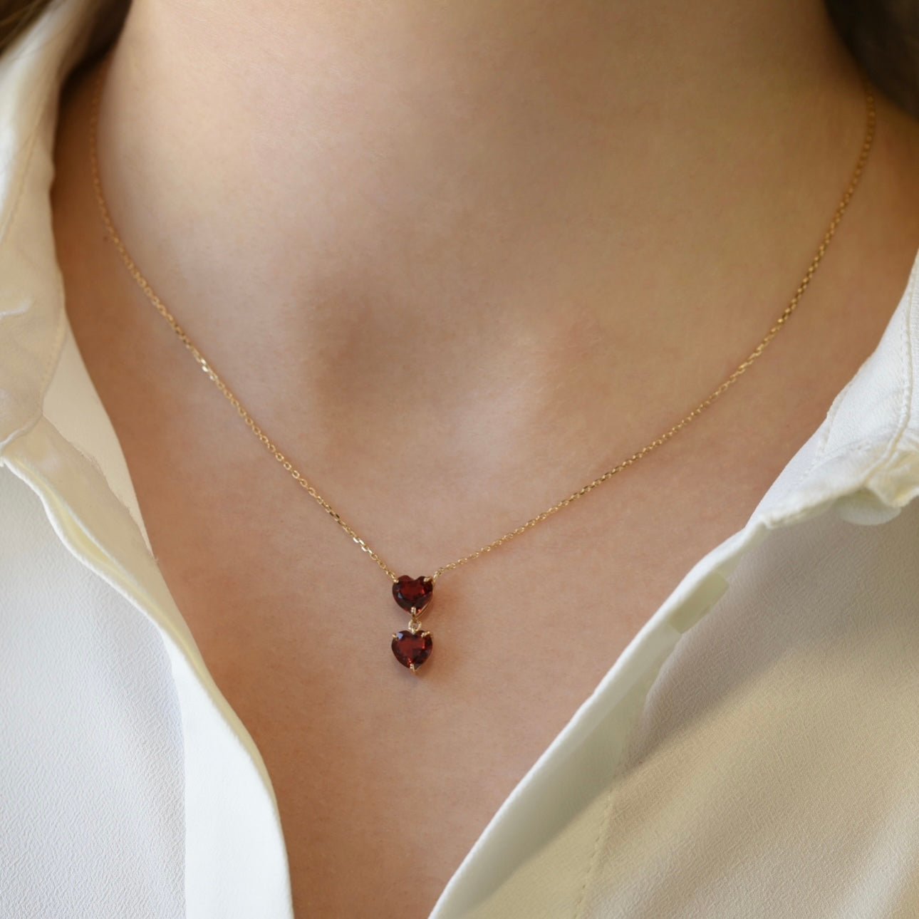 Double Hearts Necklace in Garnet - 18k Gold - Ly