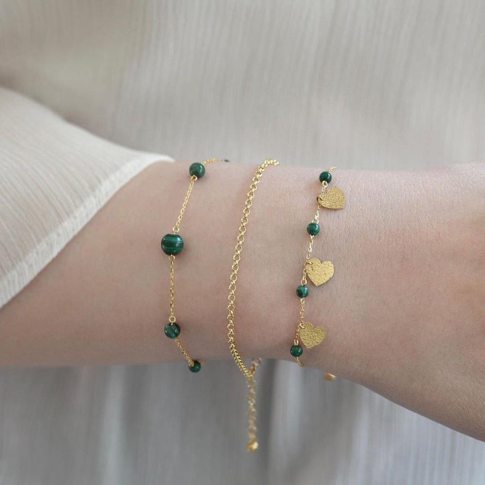 Hearts Bracelet in Green Malachite - 18k Gold - Ly