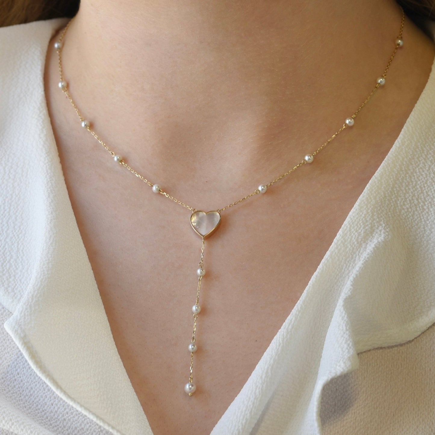 Laure Heart Necklace in Freshwater Pearl and Mother of Pearl - 18k Gold - Lynor