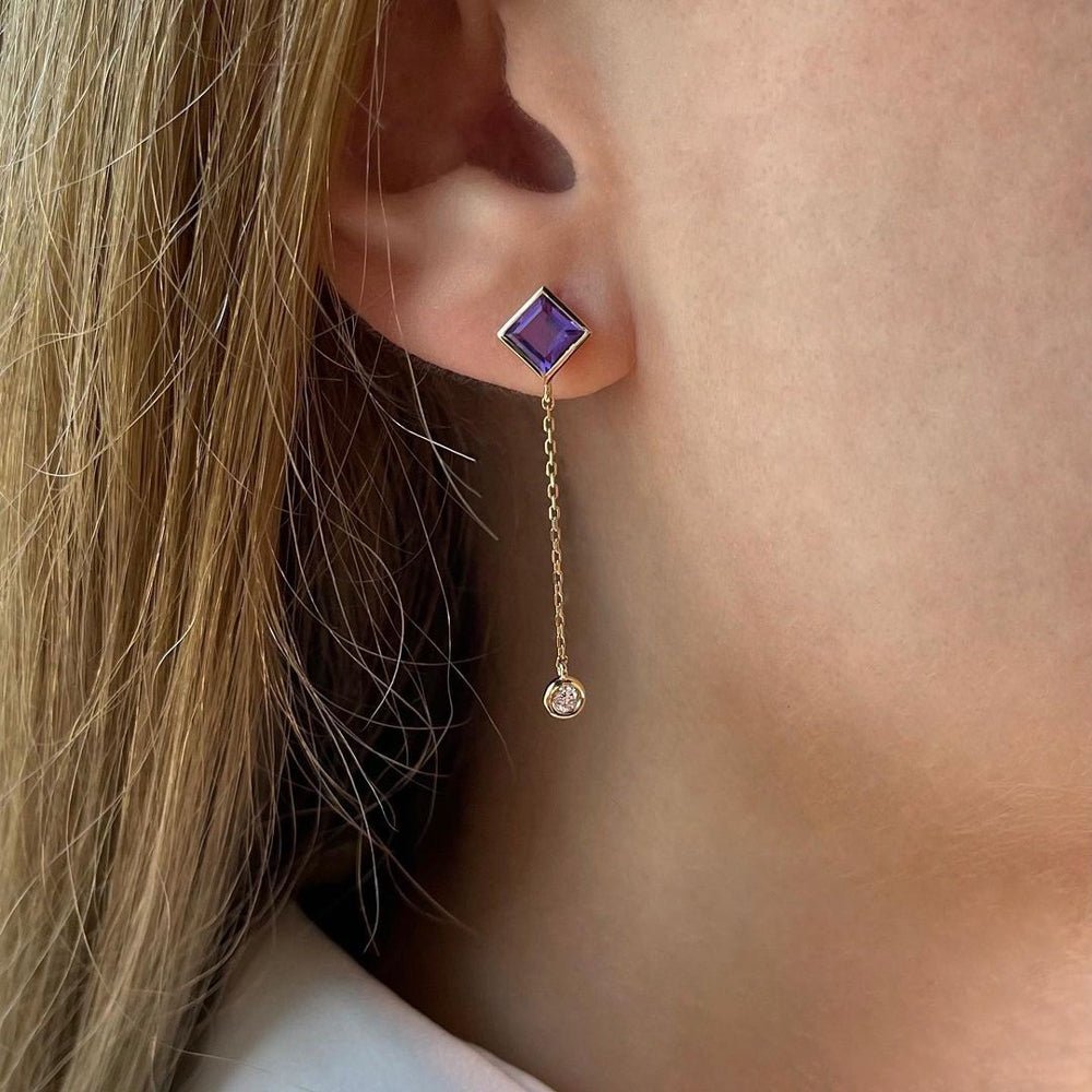 Princess Earrings in Amethyst & Diamond Drop - 18k Gold - Ly